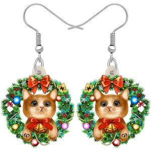 ⚡Christmas Cat Earrings for Women Cute Holiday Wreath Dangle Drop Jewelry Gift